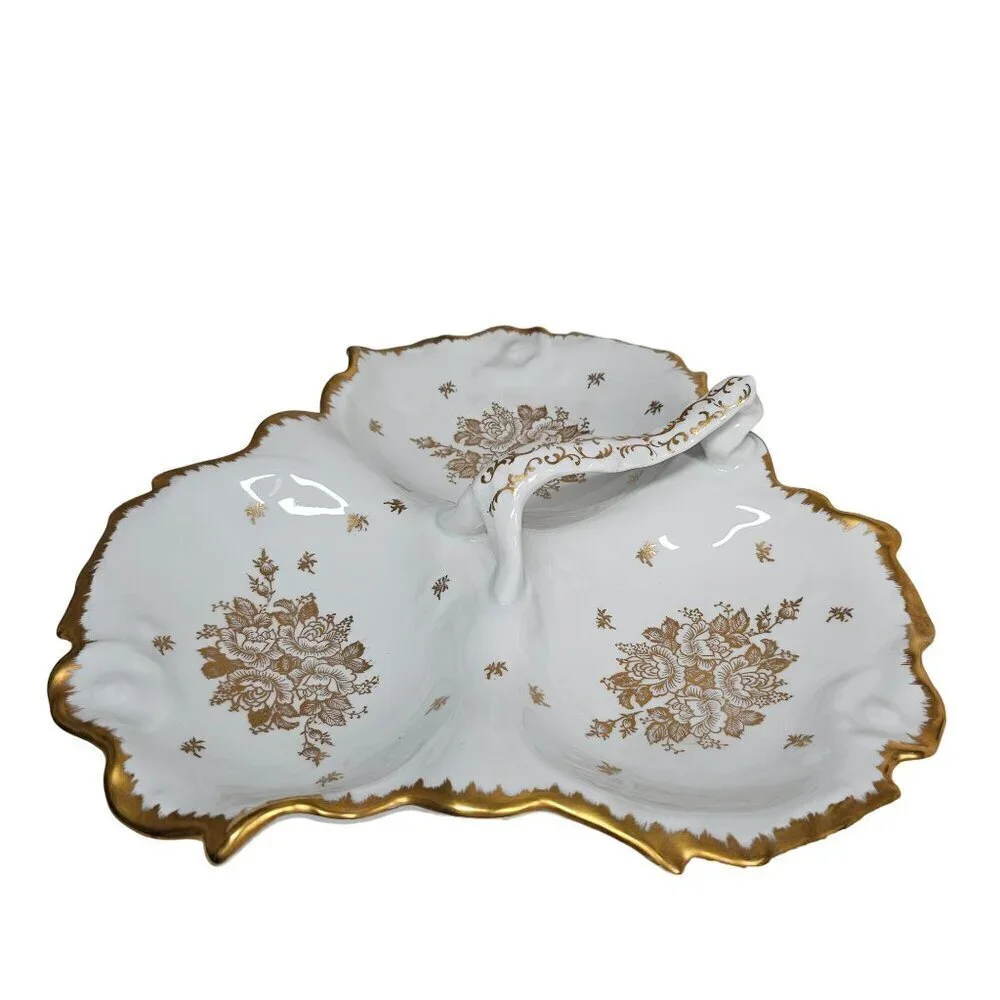 Vintage Porcelaine De France Hand Painted Divided Serving Dish Gold Trim & Flora